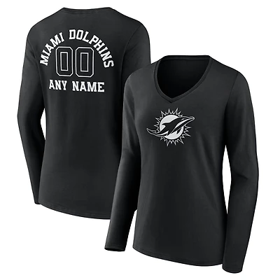Women's Black Miami Dolphins Personalized Name & Number Monochrome Long Sleeve V-Neck T-Shirt
