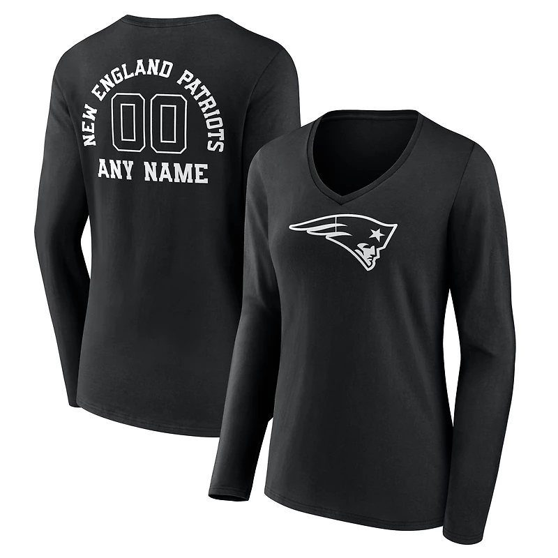 Women's Black New England Patriots Personalized Name & Number Monochrome Long Sleeve V-Neck T-Shirt
