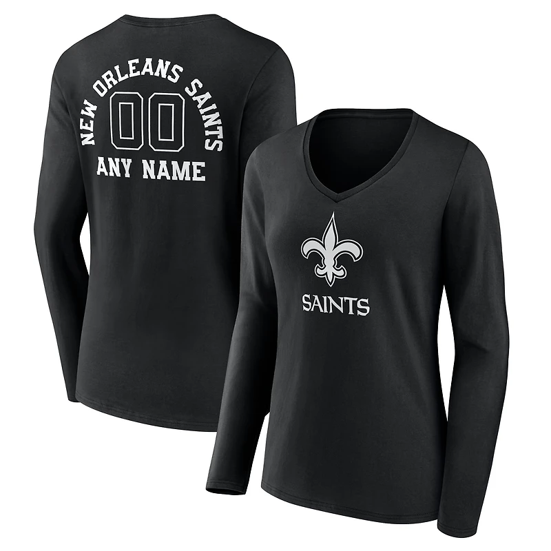 Women's Black New Orleans Saints Personalized Name & Number Monochrome Long Sleeve V-Neck T-Shirt