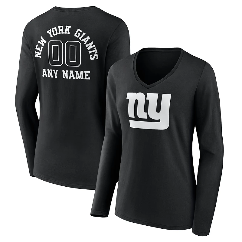 Women's Black New York Giants Personalized Name & Number Monochrome Long Sleeve V-Neck T-Shirt