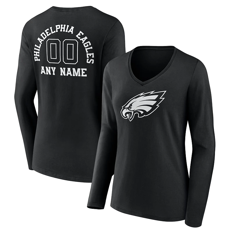 Women's Black Philadelphia Eagles Personalized Name & Number Monochrome Long Sleeve V-Neck T-Shirt