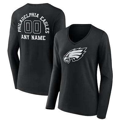 Women's Black Philadelphia Eagles Personalized Name & Number Monochrome Long Sleeve V-Neck T-Shirt