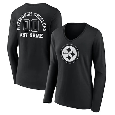 Women's Black Pittsburgh Steelers Personalized Name & Number Monochrome Long Sleeve V-Neck T-Shirt