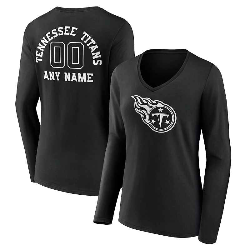 Women's Black Tennessee Titans Personalized Name & Number Monochrome Long Sleeve V-Neck T-Shirt