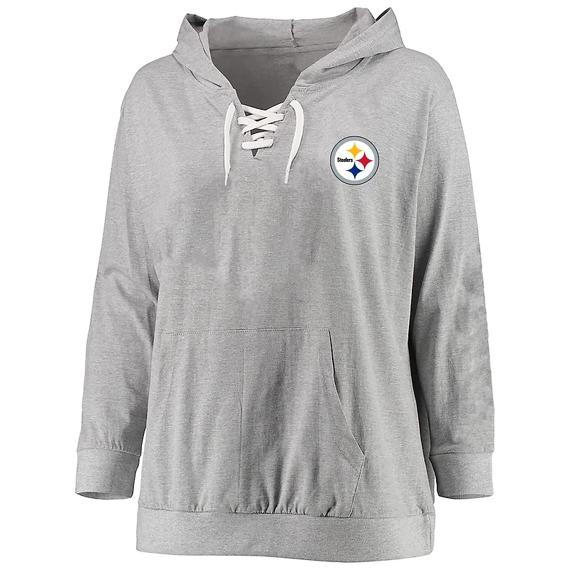 Women's Fanatics Heather Gray Pittsburgh Steelers Plus Size Lace-up Pullover Hoodie