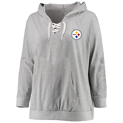 Women's Fanatics Heather Gray Pittsburgh Steelers Plus Size Lace-up Pullover Hoodie