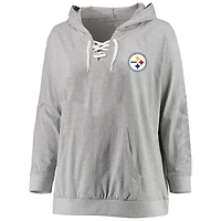 Women's Fanatics Heather Gray Pittsburgh Steelers Plus Size Lace-up Pullover Hoodie