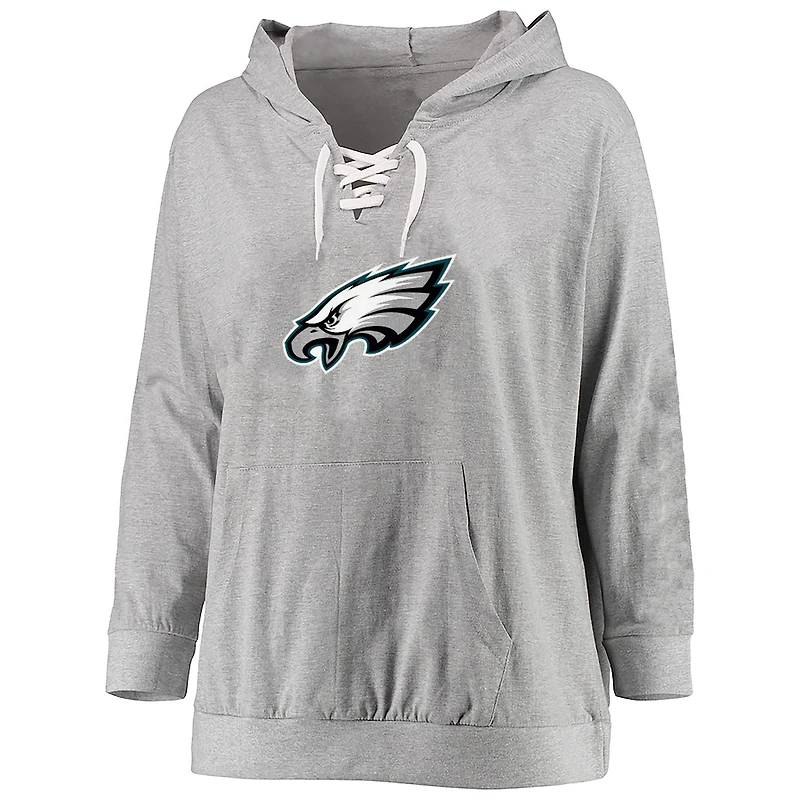 Women's Fanatics Heather Gray Philadelphia Eagles Plus Size Lace-up Pullover Hoodie