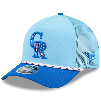 Men's New Era Light Blue/Blue Colorado Rockies 2025 Fourth of July 9FORTY A-Frame M-Crown Adjustable Trucker Hat