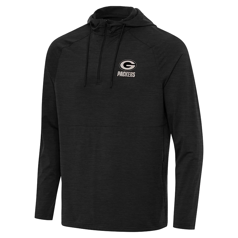 Men's Antigua Heather Black Green Bay Packers Spikes Raglan Quarter-Zip Hoodie