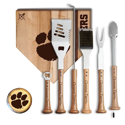 Baseball BBQ Clemson Tigers 12” Cutting Board & 6-Piece Grill Set Bundle