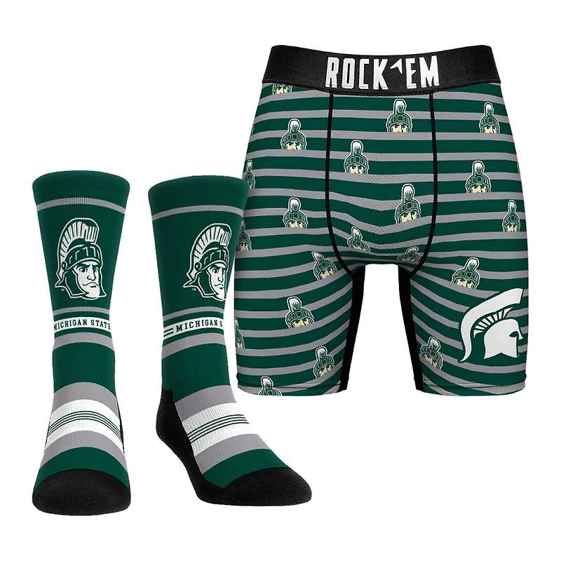 Men's Rock Em Socks Green Michigan State Spartans Mascot Underwear and Crew Socks Combo Pack