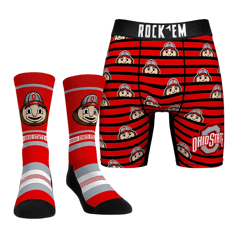 Men's Rock Em Socks  Red Ohio State Buckeyes Mascot Underwear and Crew Socks Combo Pack