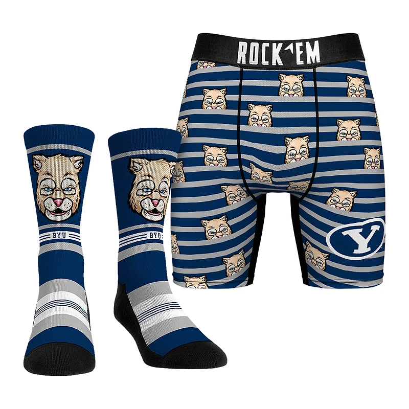 Men's Rock Em Socks  Blue BYU Cougars Mascot Underwear and Crew Socks Combo Pack