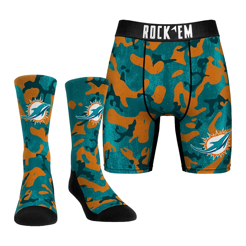 Men's Rock Em Socks Aqua Miami Dolphins Team Armor Underwear and Crew Socks Combo Pack