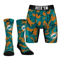 Men's Rock Em Socks Aqua Miami Dolphins Team Armor Underwear and Crew Socks Combo Pack