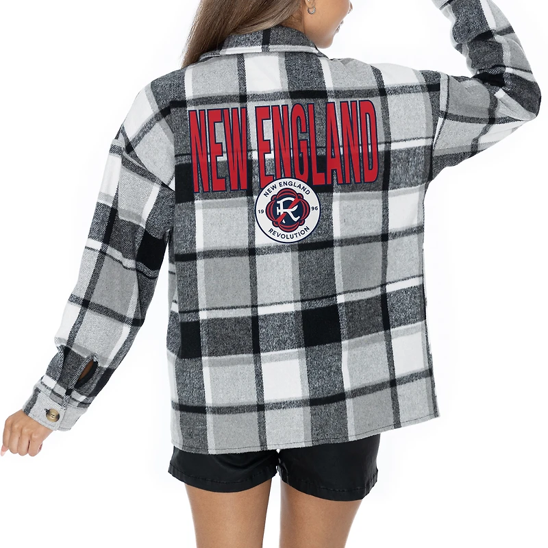 Women's Gameday Couture  Gray New England Revolution Fieldside Fun Plaid Button-Up Long Sleeve Overshirt