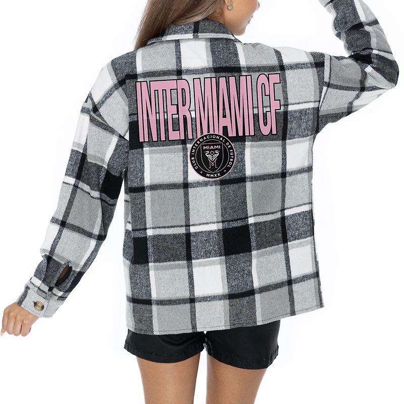 Women's Gameday Couture  Gray Inter Miami CF Fieldside Fun Plaid Button-Up Long Sleeve Overshirt