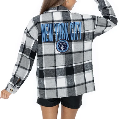 Women's Gameday Couture  Gray New York City FC Fieldside Fun Plaid Button-Up Long Sleeve Overshirt