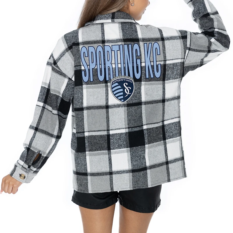 Women's Gameday Couture  Gray Sporting Kansas City Fieldside Fun Plaid Button-Up Long Sleeve Overshirt