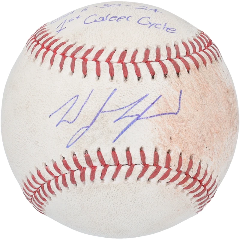 Wyatt Langford Texas Rangers Autographed Game-Used Baseball vs. Baltimore Orioles on June 30, 2024 with "GU 6-30-2024" & "1st Career Cycle" Inscriptions