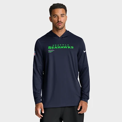 Men's Nike College Navy Seattle Seahawks Sideline Pure Fury Dri-FIT Long Sleeve Hoodie T-Shirt