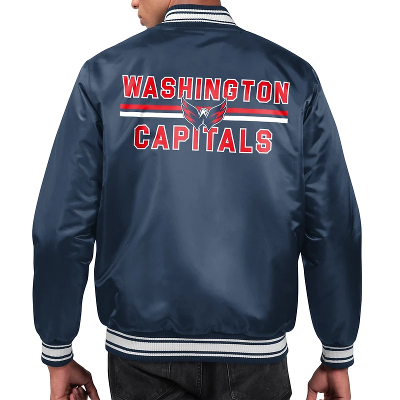 Men's Starter Navy Washington Capitals Printed Team Logo Satin Varsity Full-Snap Jacket