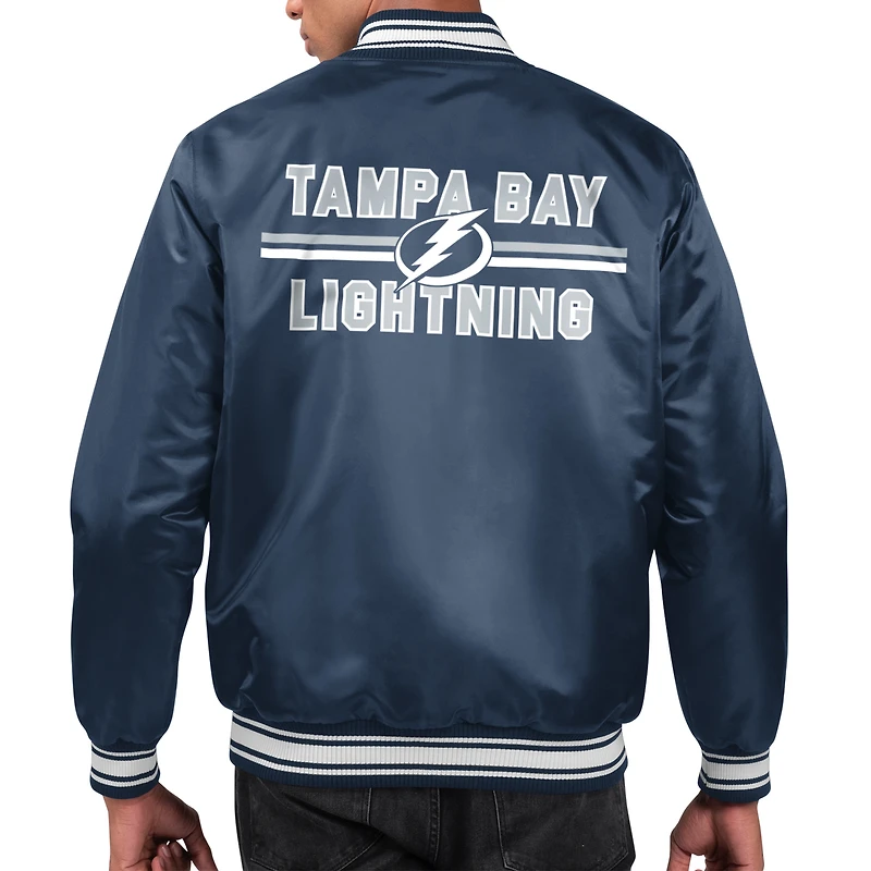 Men's Starter Navy Tampa Bay Lightning Printed Team Logo Satin Varsity Full-Snap Jacket
