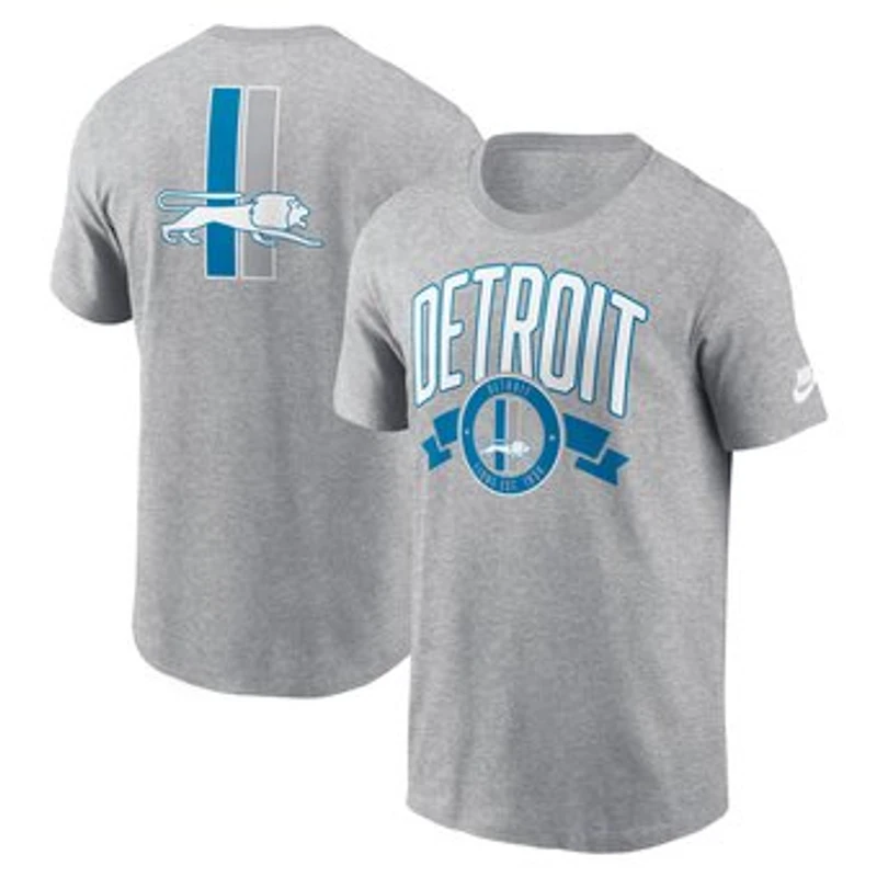 Men's Nike Heather Gray Detroit Lions Rewind Front and Back Hit Essential T-Shirt