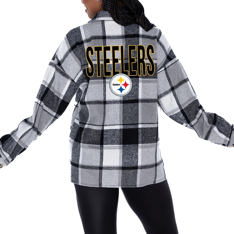 Women's Gameday Couture Gray Pittsburgh Steelers  Fieldside Fun Plaid Button-Up Overshirt