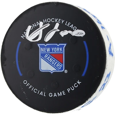 Adam Fox New York Rangers Autographed Game-Used Goal Puck with Inscriptions from Game vs. Florida Panthers on March 23, 2024