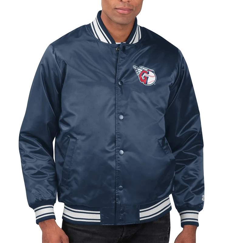 Men's Starter Navy Cleveland Guardians Printed Team Logo Satin Varsity Full-Snap Jacket
