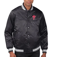 Men's Starter Black Philadelphia Phillies Printed Team Logo Satin Varsity Full-Snap Jacket