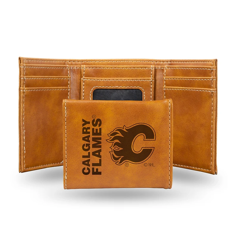 Brown Calgary Flames Laser Engraved Tri-Fold Wallet