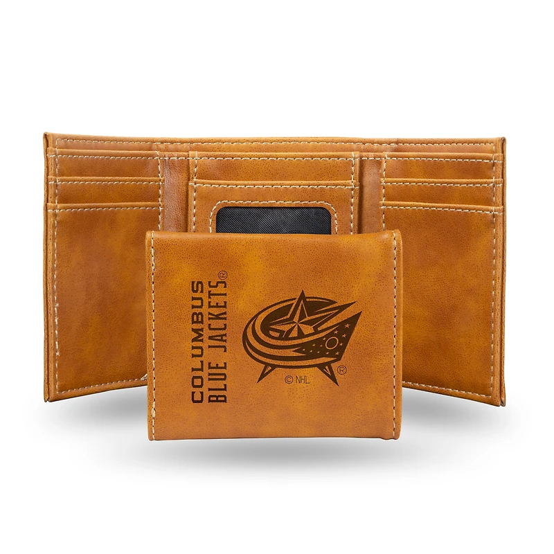 Brown Columbus Blue Jackets Laser Engraved Tri-Fold Wallet