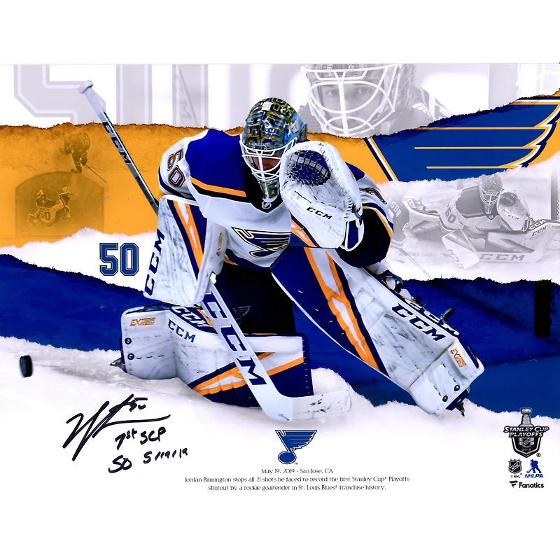 Jordan Binnington St. Louis Blues Autographed 11" x 14" First Stanley Cup Playoffs Shutout Photograph with "1st SCP Shutout 5/19/19" Inscription - Limited Edition of 50
