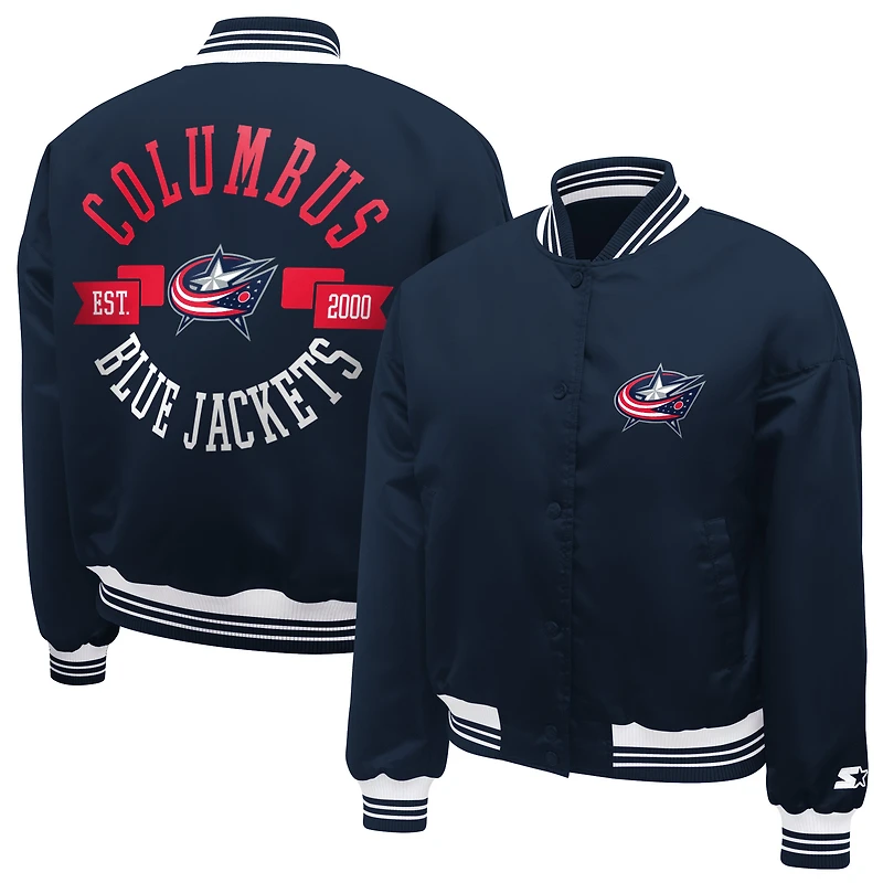 Women's Starter Navy Columbus Blue Jackets Printed Round Team Logo Satin Varsity Full-Snap Jacket