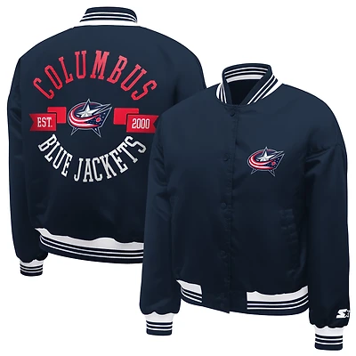 Women's Starter Navy Columbus Blue Jackets Printed Round Team Logo Satin Varsity Full-Snap Jacket