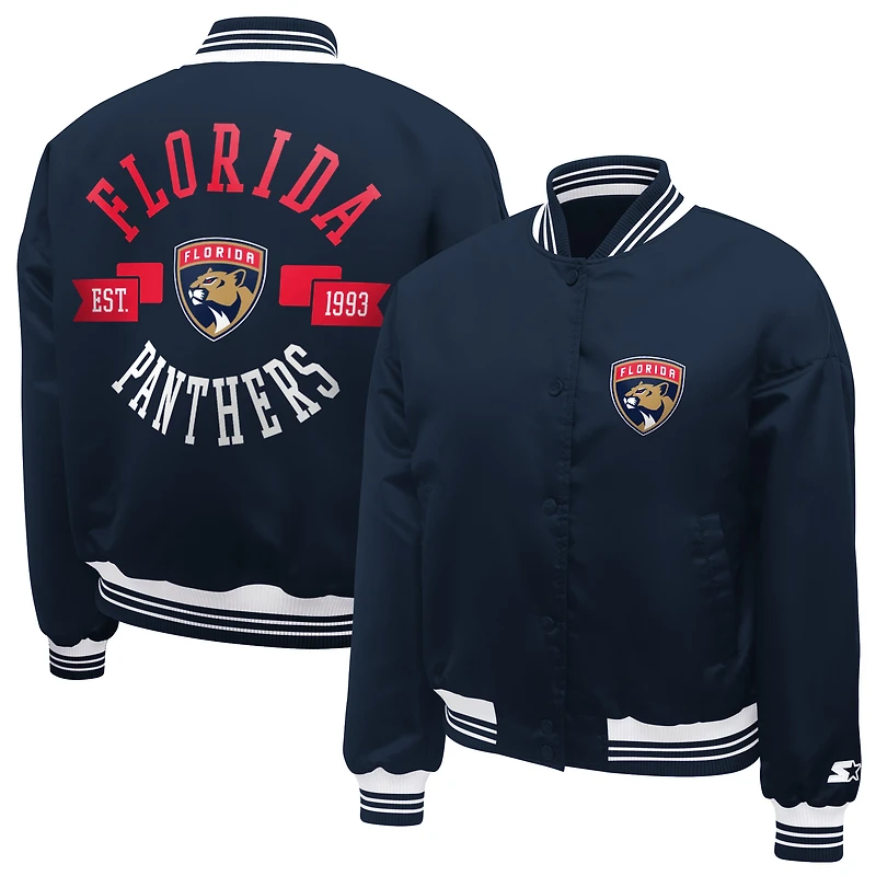 Women's Starter Navy Florida Panthers Printed Round Team Logo Satin Varsity Full-Snap Jacket