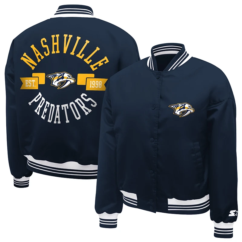 Women's Starter  Navy Nashville Predators Printed Round Team Logo Satin Varsity Full-Snap Jacket