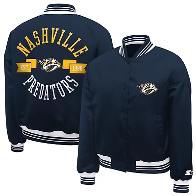Women's Starter Navy Nashville Predators Printed Round Team Logo Satin Varsity Full-Snap Jacket