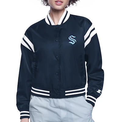 Women's Starter  Deep Sea Blue Seattle Kraken Printed Round Team Logo Satin Varsity Full-Snap Jacket