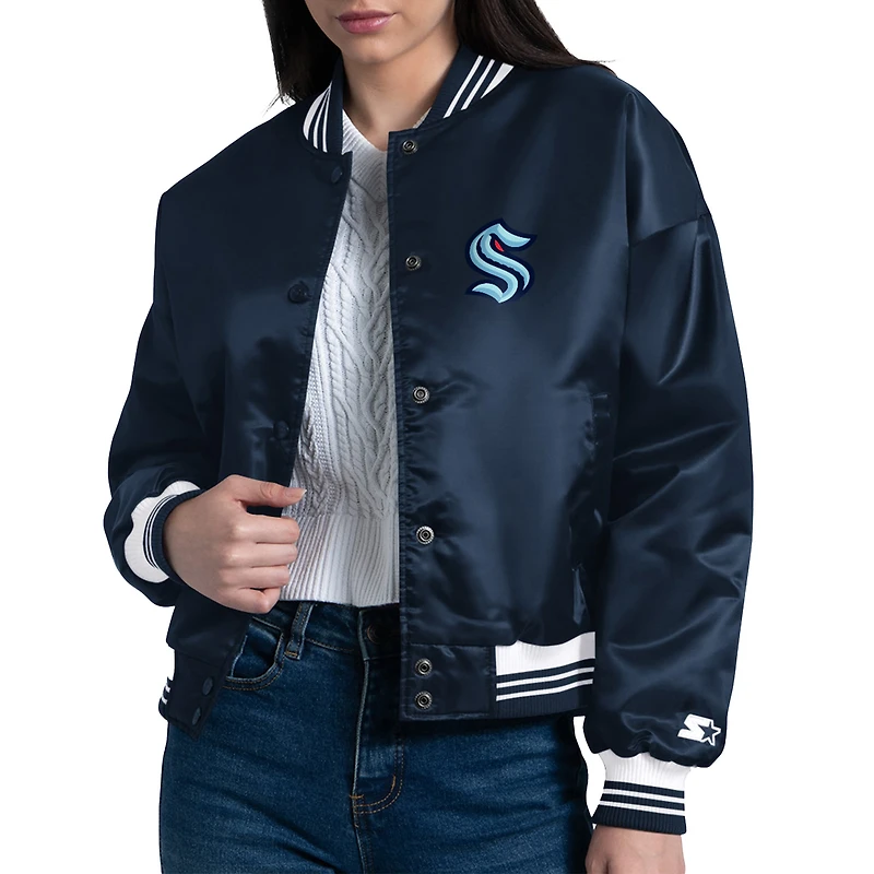 Women's Starter  Deep Sea Blue Seattle Kraken Printed Round Team Logo Satin Varsity Full-Snap Jacket