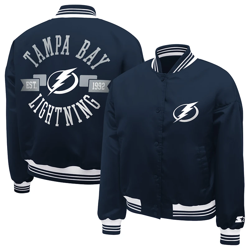 Women's Starter Navy Tampa Bay Lightning Printed Round Team Logo Satin Varsity Full-Snap Jacket