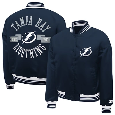 Women's Starter Navy Tampa Bay Lightning Printed Round Team Logo Satin Varsity Full-Snap Jacket