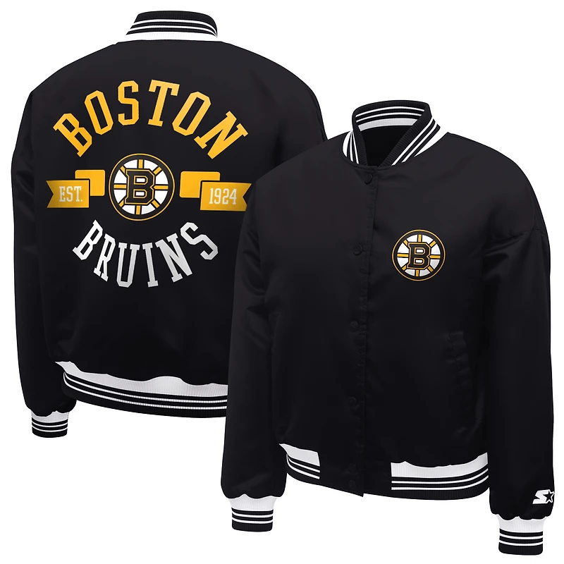 Women's Starter  Black Boston Bruins Printed Round Team Logo Satin Varsity Full-Snap Jacket