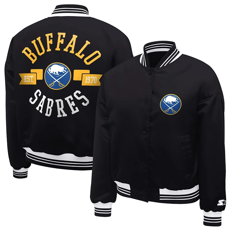 Women's Starter  Black Buffalo Sabres Printed Round Team Logo Satin Varsity Full-Snap Jacket