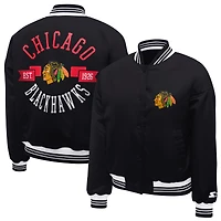 Women's Starter  Black Chicago Blackhawks Printed Round Team Logo Satin Varsity Full-Snap Jacket