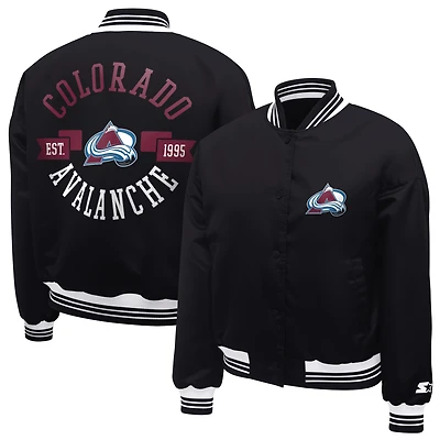 Women's Starter  Black Colorado Avalanche Printed Round Team Logo Satin Varsity Full-Snap Jacket