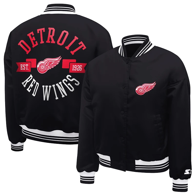 Women's Starter  Black Detroit Red Wings Printed Round Team Logo Satin Varsity Full-Snap Jacket